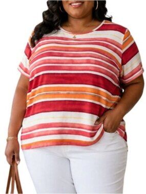 Croft & Barrow Plus Size 2X Top Multicolor Striped Short Sleeve Classic Tee